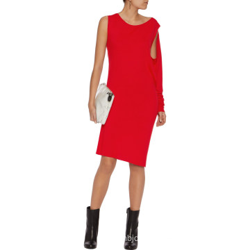 Red Cold Shoulder Draped Stretch Mini Knit Dress